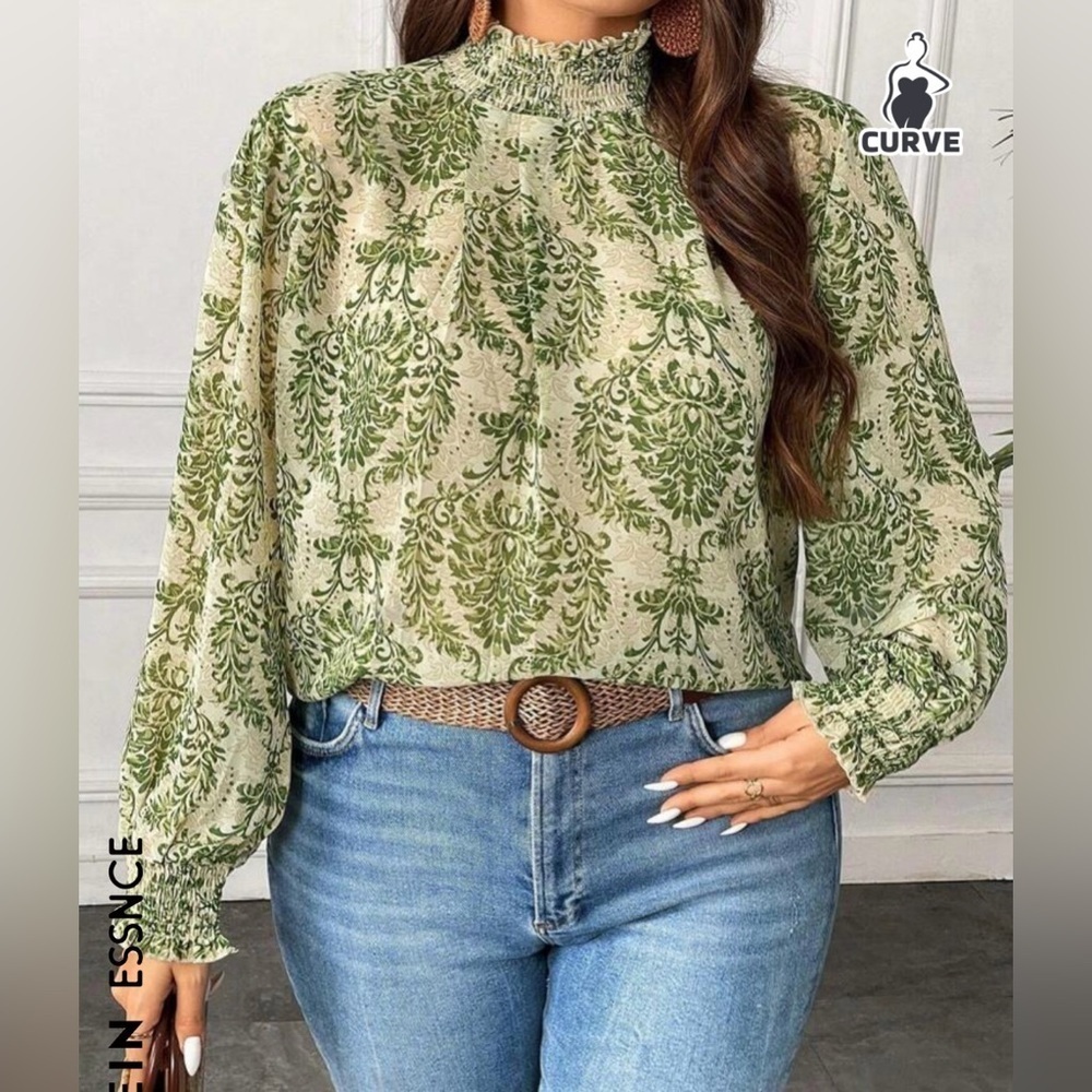 SHEIN Curve semi-sheer damask print tunic long blouse sleeve smocked NEW size 4X